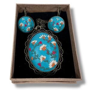 Floral Cameo Polymer Clay Pendant Necklace & Clip-On Earrings Set w/ Chain Blue